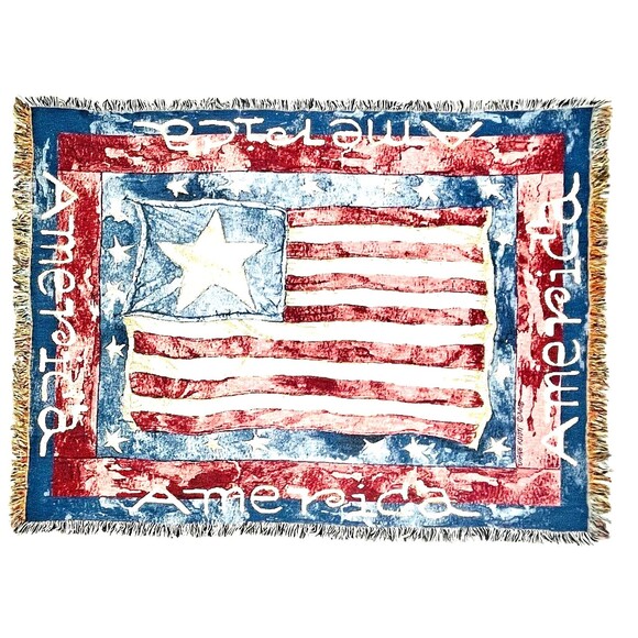 VTG Tapestry American Flag throw Lap Blanket Patriotic Fringed 70in x 50in - Picture 2 of 12